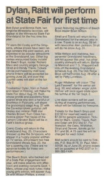 Dylan, Bob--Bonnie Raitt / Dylan, Raitt Will Perform at State Fair for First Time / 1990