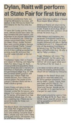 Dylan, Bob--Bonnie Raitt / Dylan, Raitt Will Perform at State Fair for First Time / 1990