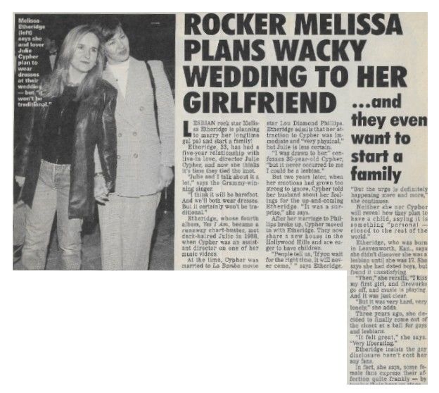 Etheridge, Melissa / Rocker Melissa Plans Wacky Wedding to Her Girlfriend / 1995