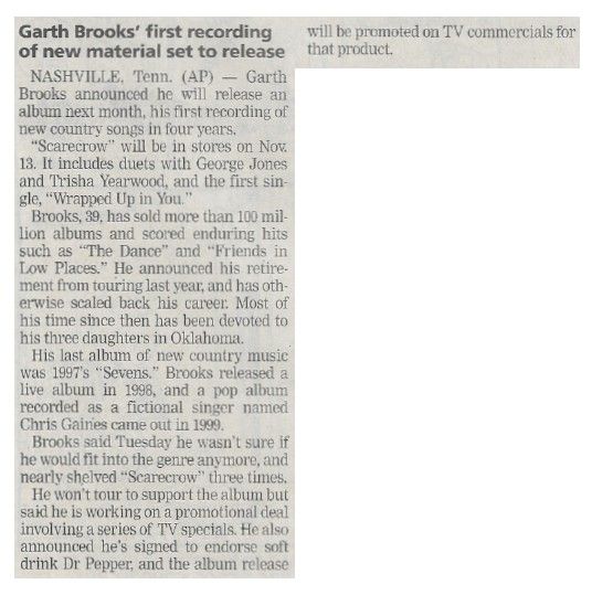 Brooks, Garth / First Recording of New Material Set to Release / 2001