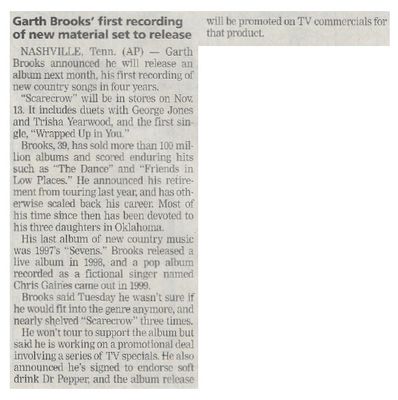 Brooks, Garth / First Recording of New Material Set to Release / 2001