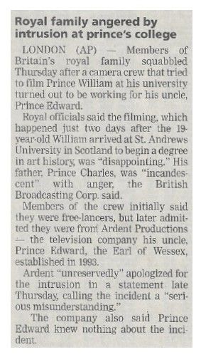 Prince William / Royal Family Angered by Intrusion at Prince's College / 2001