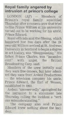 Prince William / Royal Family Angered by Intrusion at Prince's College / 2001