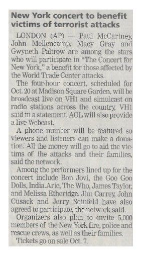 Various Artists / New York Concert to Benefit Victims of Terrorist Attacks / 2001