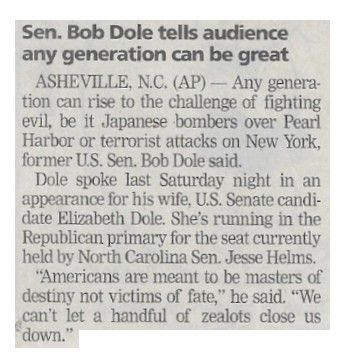 Dole, Bob / Sen. Bob Dole Tells Audience Any Generation Can Be Great / 2001