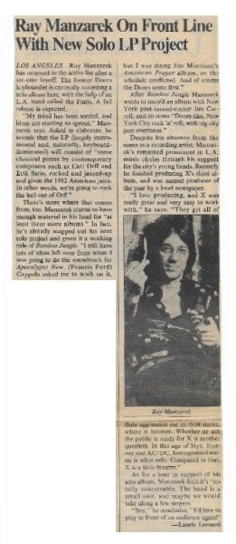 Manzarek, Ray / On Front Line with New Solo Project / 1983
