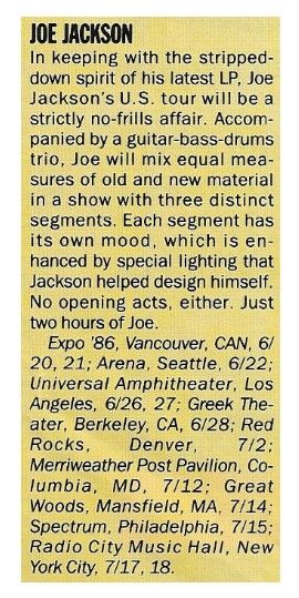 Jackson, Joe / Tour Dates and Story / 1986