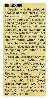 Jackson, Joe / Tour Dates and Story / 1986