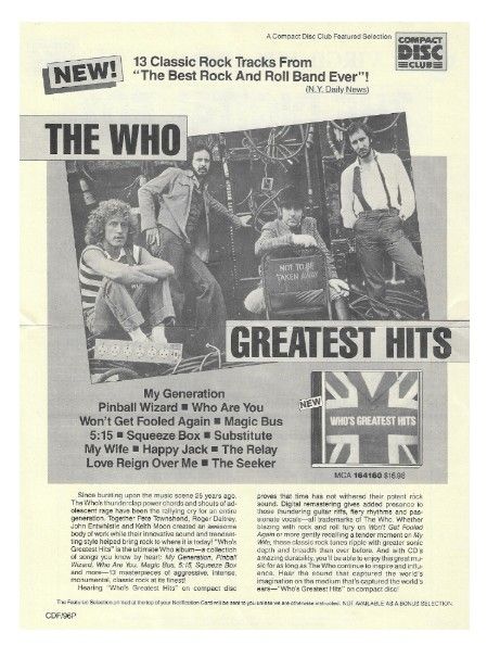 Who, The / Greatest Hits--Compact Disc Club / 1996
