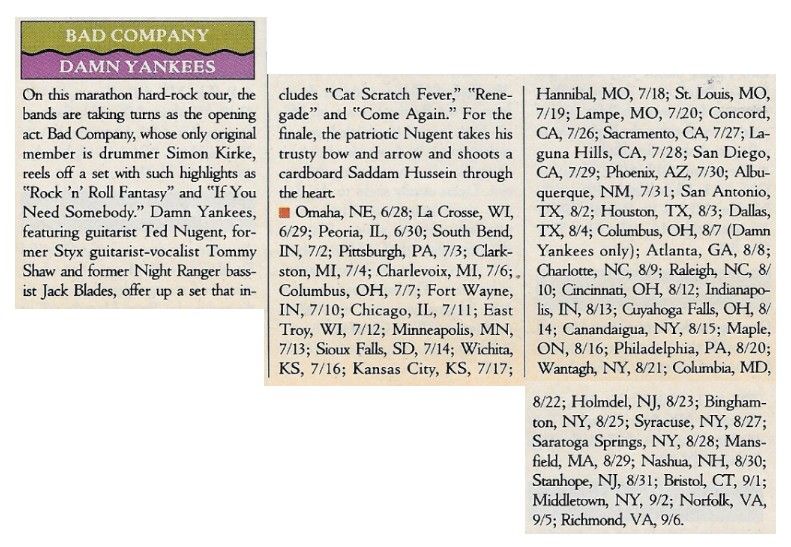 Bad Company--Damn Yankees / Tour Dates + Story / 1991