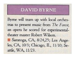 Byrne, David / Tour Dates + Story / 1991