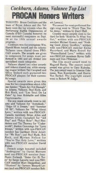 Cockburn, Bruce / PROCAN Honors Writers / 1986