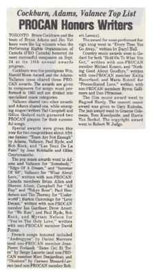 Cockburn, Bruce / PROCAN Honors Writers / 1986