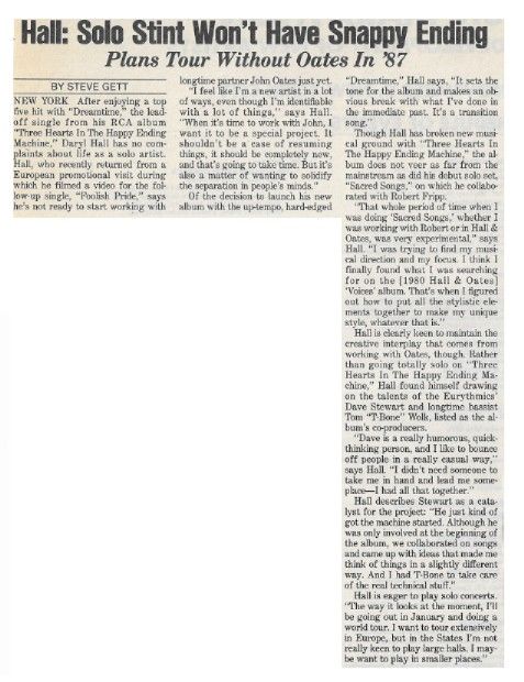 Hall, Daryl / Solo Stint Won't Have a Snappy Ending / 1986