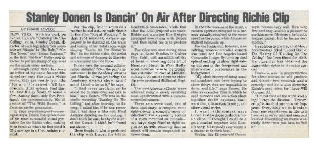 Richie, Lionel / Stanley Donen is Dancin' on Air After Directing Richie Clip / 1986