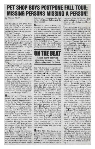 Pet Shop Boys / Pet Shop Boys Postpone Fall Tour / 1986