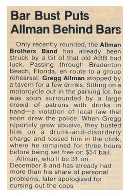 Allman Brothers Band / Bar Bust Puts Allman Behind Bars / 1979