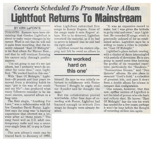 Lightfoot, Gordon / Lightfoot Returns to Mainstream / 1986