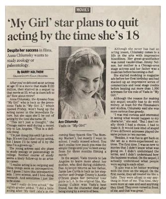 Chlumsky, Anna / My Girl Star Plans to Quit Acting by the Time She's 18 / 1994