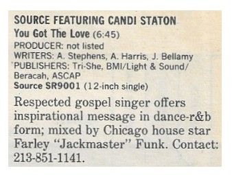 Source featuring Candi Staton / You Got the Love / 1986