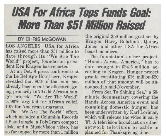 USA For Africa / Tops Funds Goal: More Than $51 Million Raised / 1986