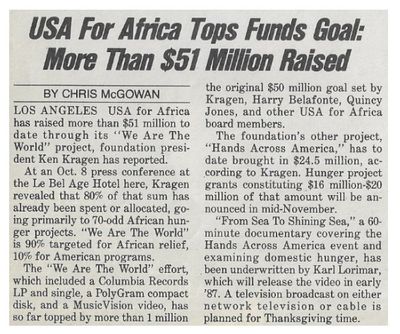 USA For Africa / Tops Funds Goal: More Than $51 Million Raised / 1986