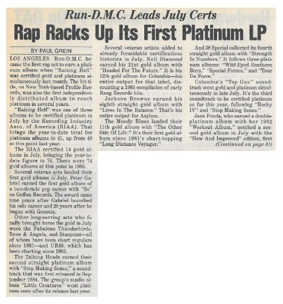 Run-DMC / Rap Racks Up Its First Platinum LP / 1986