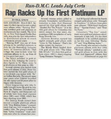 Run-DMC / Rap Racks Up Its First Platinum LP / 1986