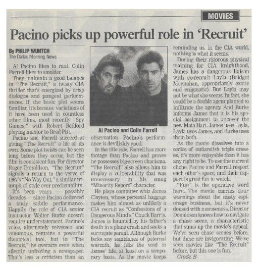Pacino, Al--Colin Farrell / Pacino Picks Up Powerball Role in 'Recruit' / 2003