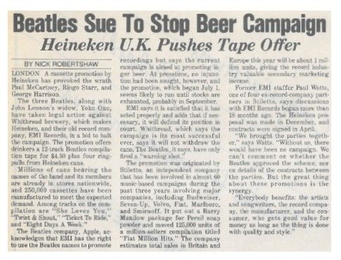Beatles, The / Beatles Sue to Stop Beer Campaign / 1986