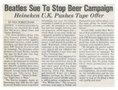 Beatles, The / Beatles Sue to Stop Beer Campaign / 1986