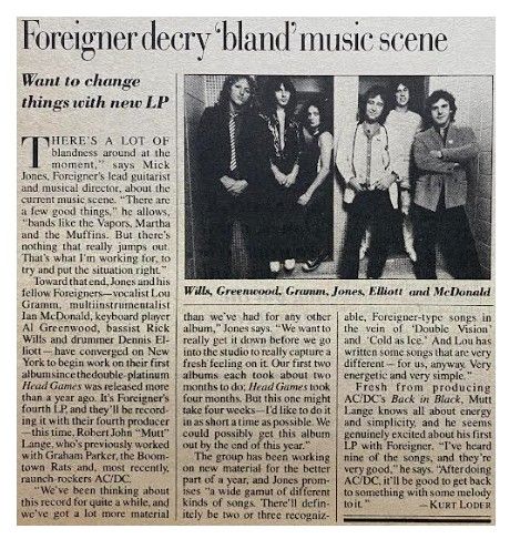 Foreigner / Foreigner Decry 'Bland' Music Scene / 1980