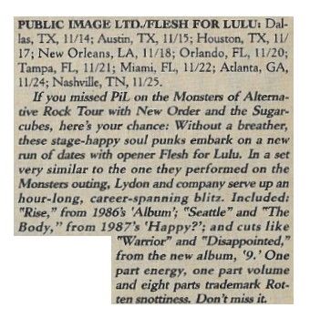 Public Image Ltd. / Tour Dates + Story / 1989