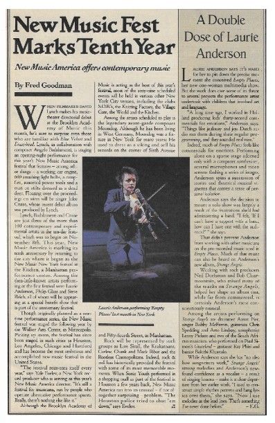 Anderson, Laurie / New Music Fest Marks Tenth Year / 1989
