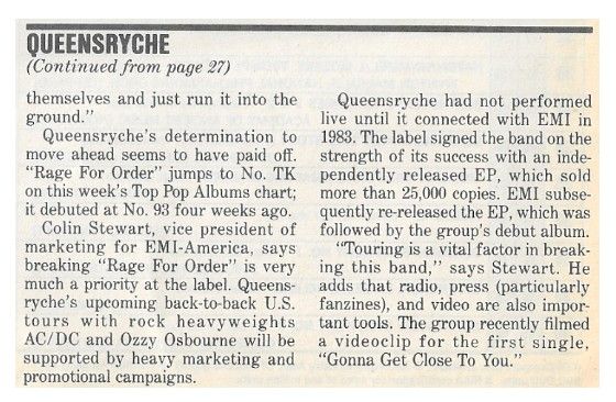 Queensryche / Billboard Story / 8-16-86