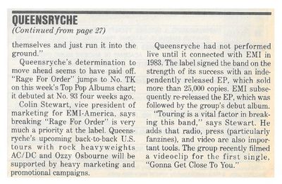 Queensryche / Billboard Story / 8-16-86