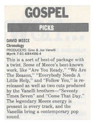 Meece, David / Chronology / 1986