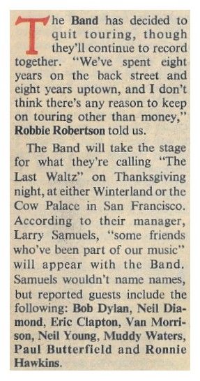 Band, The / Decision to Quit Touring / 1976