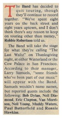 Band, The / Decision to Quit Touring / 1976