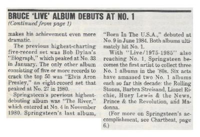 Springsteen, Bruce / Bruce 'Live' Album Debuts at No. 1 / 1986