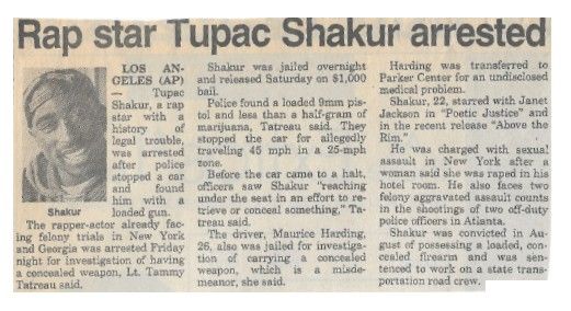 Shakur, Tupac / Rap Star Tupac Shakur Arrested / 1994
