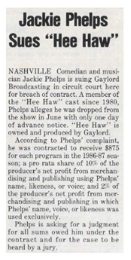 Phelps, Jackie / Jackie Phelps Sues "Hee Haw" / 1986
