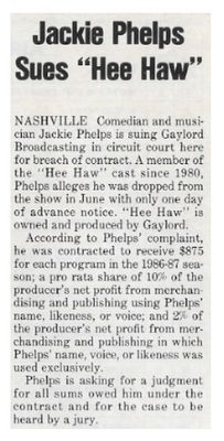Phelps, Jackie / Jackie Phelps Sues "Hee Haw" / 1986