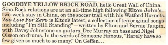 John, Elton / Too Low For Zero is Elton's Latest / 1983