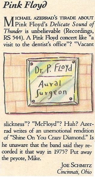 Pink Floyd / Delicate Sound of Thunder - Reader Letter / 1989