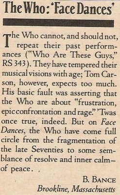 Who, The / Face Dances (Reader Letter) / 1981