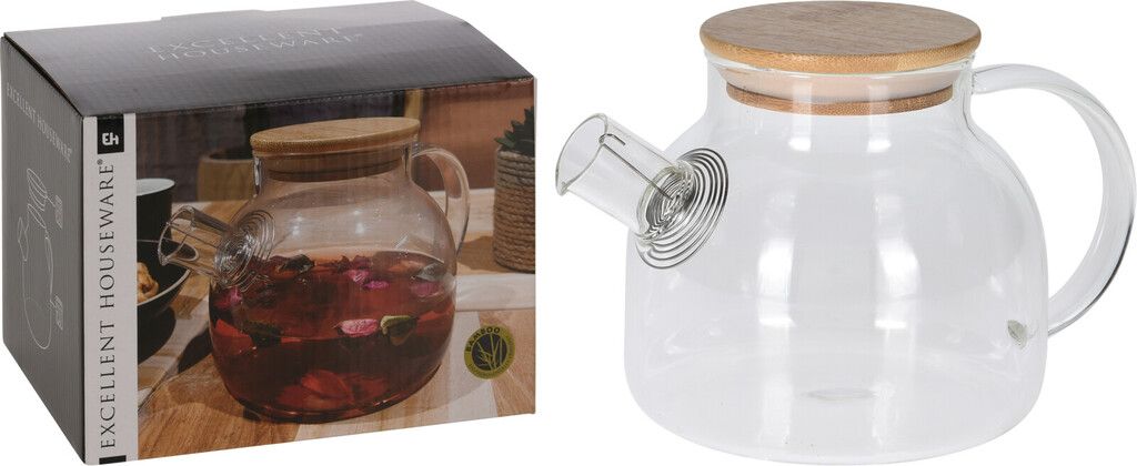 Excellent Houseware Glas-Teekanne mit Bambusdeckel