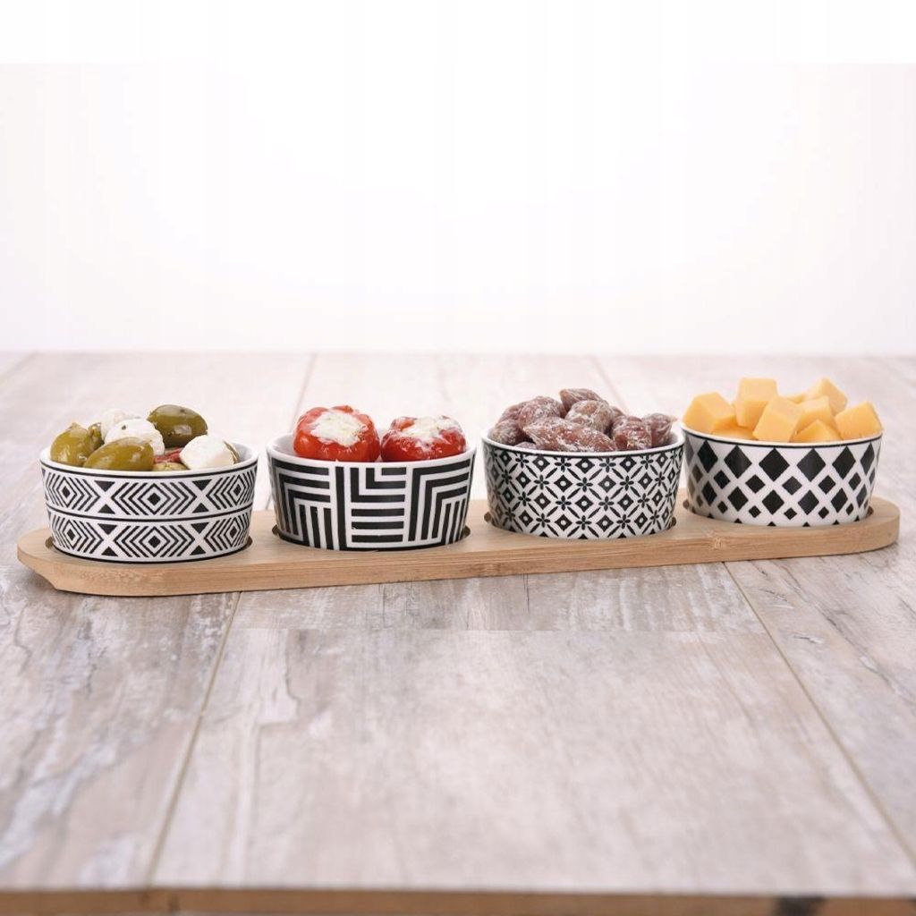 Excellent Houseware Bambustablett mit 4 Keramik Schalen