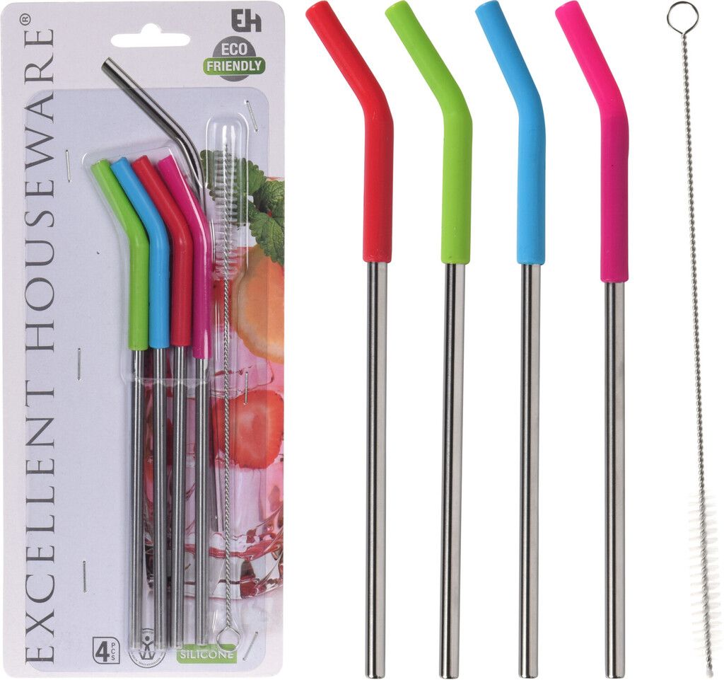Excellent Houseware Metall-Trinkhalme mit Silikon 4er Set