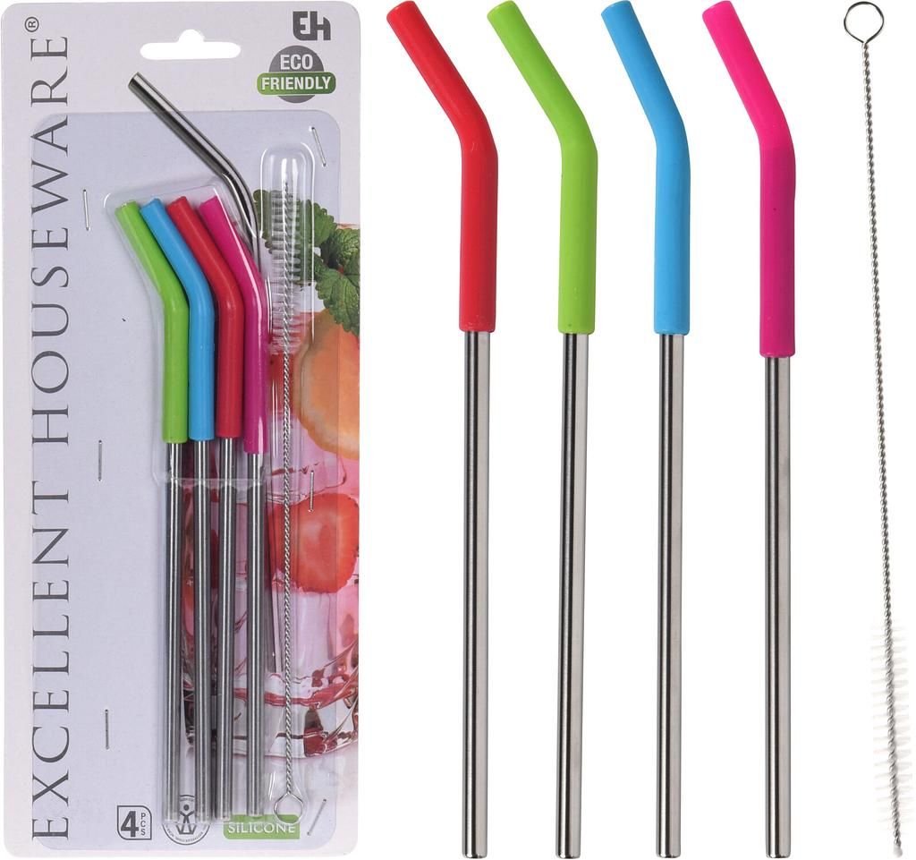 Excellent Houseware Metall-Trinkhalme mit Silikon 4er Set
